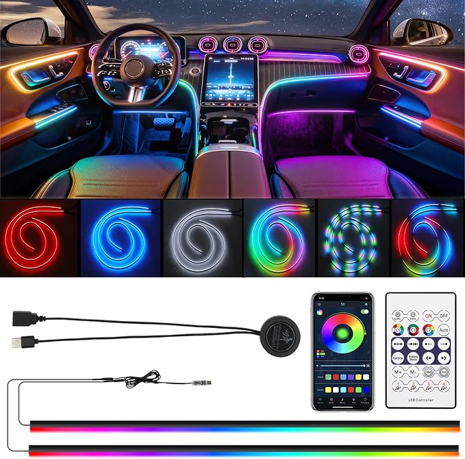 DREAMOTOR Interior Car LED Strip Lights, Acrylic LEDs Lights for Car with Dynamic Dreamcolor Chasing, Ambient Lighting Kits Music Sync Wireless APP and RF Remote Control (55.12inch*2)