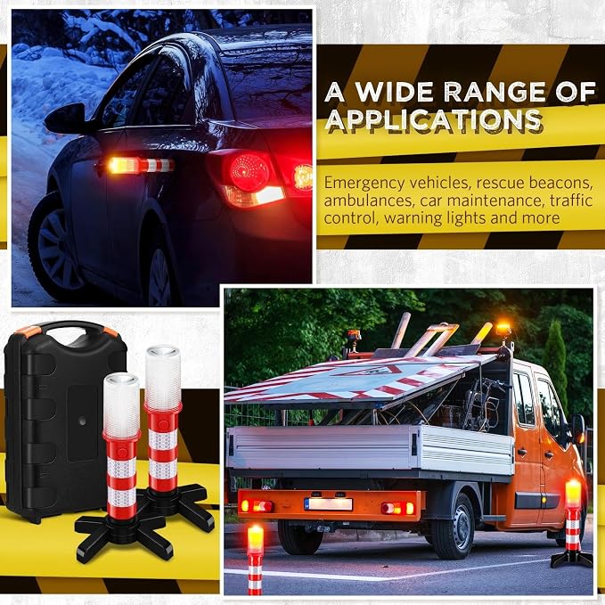 Riakrum 20 Pcs Emergency Roadside Flares Bulk Kit LED Safety Strobe Road Warning Light Bright Red Safety Beacon Strobe Light Roadside Flare Magnetic Base Detachable Stand Vehicle (Batteries Excluded)