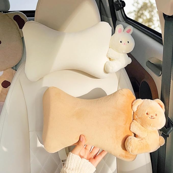 Car Headrest Pillow 2PCS Plush Bear & Bunny Car Seat Headrest Pillow - Memory Foam Neck Support Cushions for Comfortable Driving, Easy Install & Washable (Brown Bear)