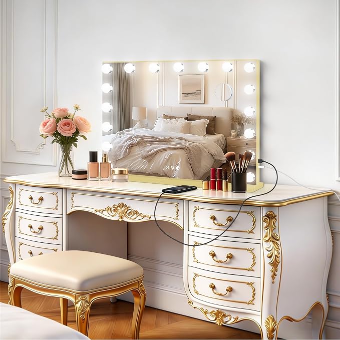 Moonee Vanity Mirror with Lights, Gold Hollywood Lighted Makeup Mirror with 17 Dimmable Bulbs and 10X Magnification, 3 Colors Modes, Aluminum Metal Frame, Light Up Mirror for Tabletop/Wall(28" x 20")