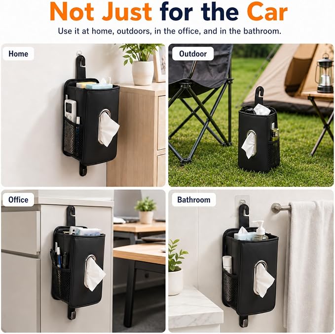 Witaxima 4 in 1 Car Tissue Holder with Headrest Hooks, Small Trash Can & Seat Back Organizer, PU Leather Tissue Box Cover for 120-150 Tissues, Trash Pockets & Hook Set, Keep Car Tidy, Black