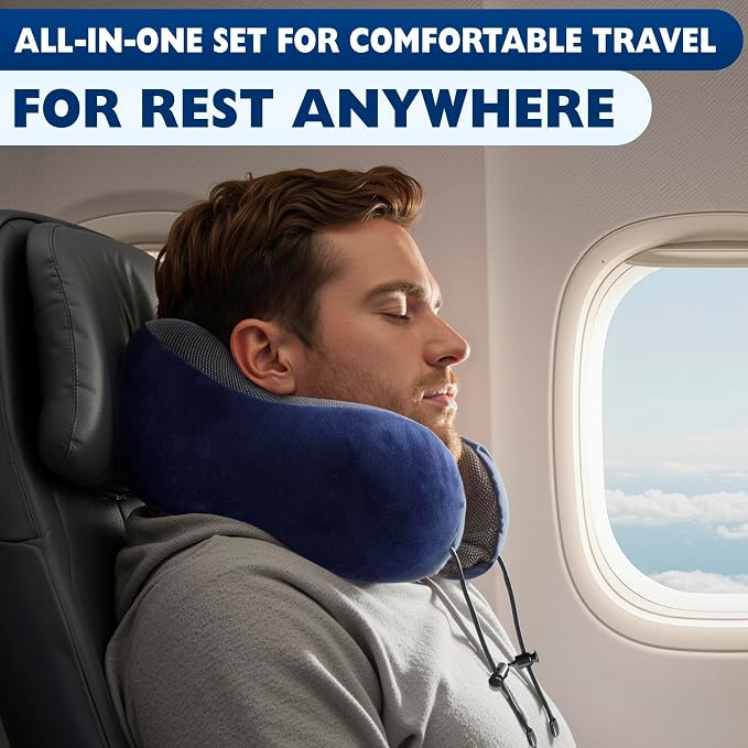 100% Memory Foam Neck Support Pillow with Adjustable Snap Buttons & Head Support – 4-in-1 Kit with 3D Eye Mask, Earplugs & Washable Cotton Cover – Neck Pillow for Plane Travel, Car, Train & Bus (Blue)