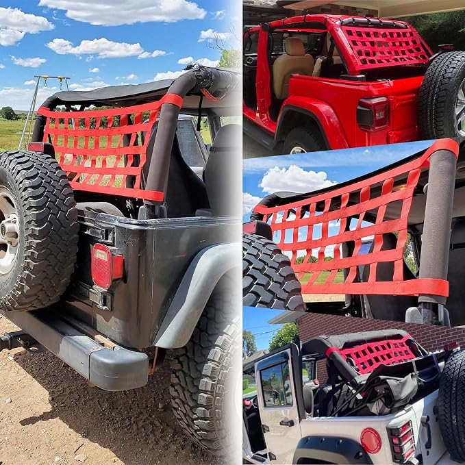 Red for Jeep Hammock & Cargo Net, Compatible for 1987-2024 Jeep Wrangler | YJ TJ JK JL LJ JKU JLU JT & Gladiator JT, High-Visibility Nylon for Jeep Hammock, Car Ceiling Cargo Net Overhead Storage