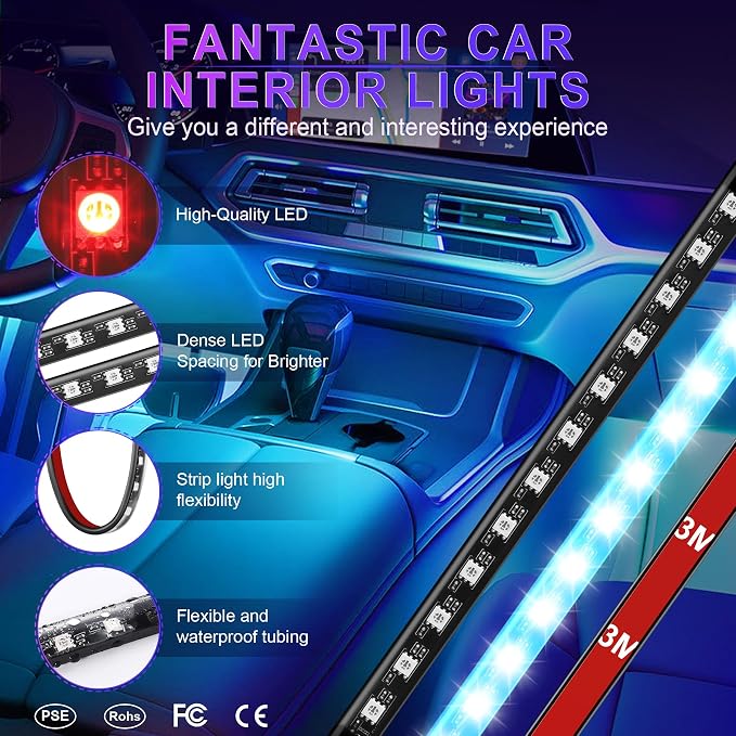 LivTee Interior Car LED Lights, Smart RGB Ambient Lighting with App & Remote Control, Music Sync & DIY Modes, 4-Line Design LED Strip Lights, 12V Cigarette Lighter Powered, Car Accessories for Women