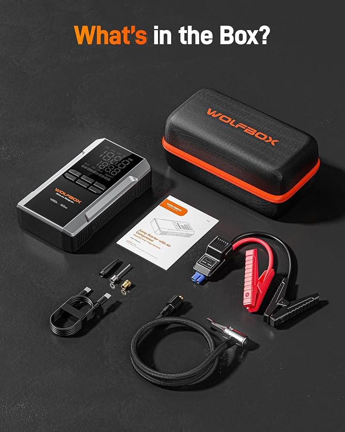 WOLFBOX MV24A 4000A Jump Starter with 160PSI Air Compressor, 12V Car Battery Booster, 88.8Wh Portable Jump Box (10L Gas/10L Diesel) with 65W Fast Charging, Tire Inflator, Jumper Cables, LED Light