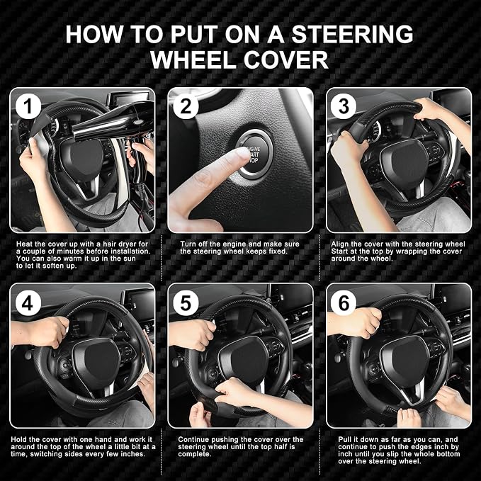 SEG Direct Car Steering Wheel Cover Standard Medium Size 14 1/2-15 inch, Non-Folding Packaging, Heavy Duty, Non-Slip, Black Microfiber Leather with Carbon Fiber Pattern