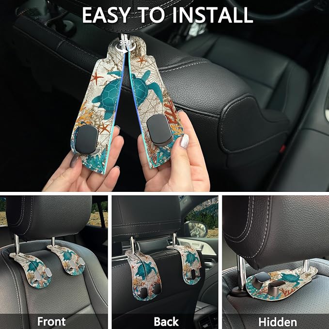 Blusabaca 2PCS Car Seat Back Storage Headrest Hooks, Sea Turtle Purse Holder Bags Hanger, PU Leather Double Metal Hook for Backseat Organizer, Women Car Accessories Organization