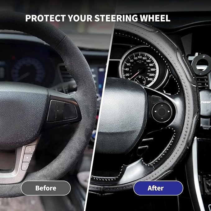 Steering Wheel Cover with Anti-Slip Leather Grip Compatible with Ford, Toyota, Honda, Nissan, and Chevrolet Vehicles for 14.5-15.35 inch Round Steering Wheels Universal Car Accessories