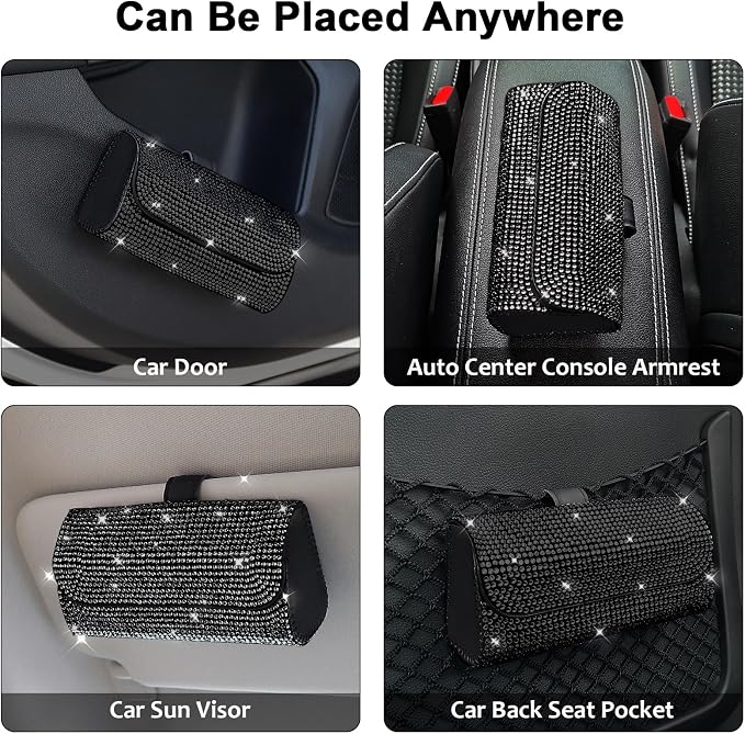 Accmor Bling Sunglasses Holder for Car Sun Visor 2 Pack, PU Leather Auto Glasses Storage Case Eyeglasses Organizer Protective Box Sparkling Crystal Car Accessories for Truck, SUV, RV (Black)