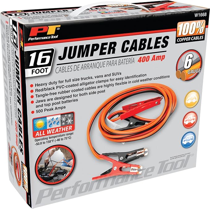 Performance Tool W1668 6GA 16 ft. Battery Jumper Cables - Rubber-Coated 100% Copper Cables, Color-Coded Alligator Jaws, Heavy Duty
