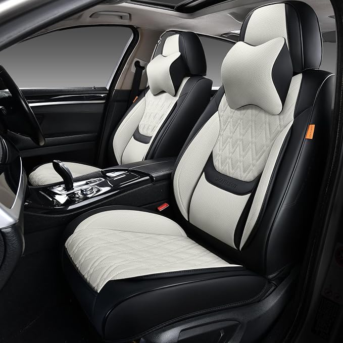 Car Seat Covers Full Set, Breathable Leather Automotive Front and Rear Seat Covers & Headrest, Universal Automotive Vehicle Seat Cover for Most Sedan SUV Pick-up Trucks, Black&Beige