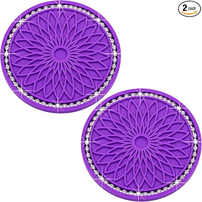 2PCS Bling Car Cup Holder Coasters, 2.75 Inch Silicone Anti-Slip Insert, Bling Shockproof Cup Mat for Women Girls, Universal Fit for Most Vehicles (Purple & White)