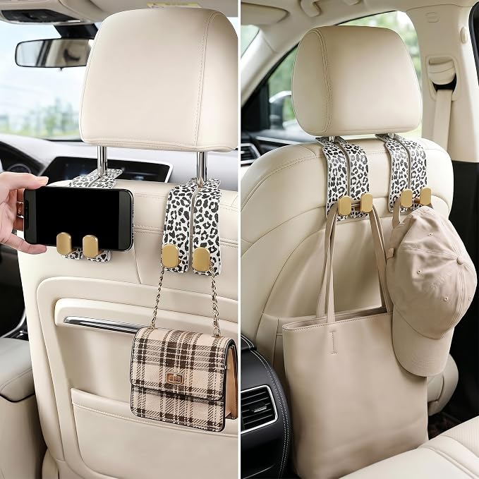 Car Hooks for Headrest: 2Pcs Car Headrest Hook with Leopard Leather | With Double Metal Hooks - Purse Hook For Car - Car Headrest Hooks - Car Bag Hooks for Purses, Handbags, Bags - White Leopard