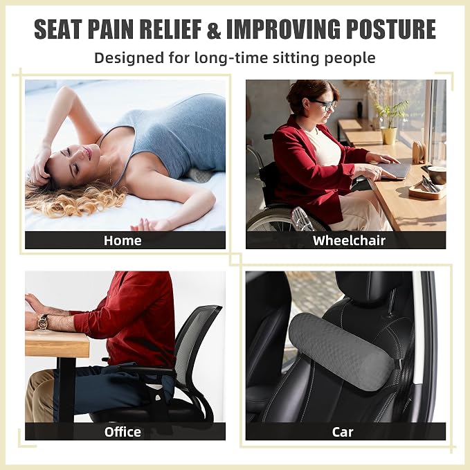 Coeyese Lumbar Roll Pillow for Lower Back Support, Dark Grey, 15 * 4.3'' | Removable Pillowcase, Upgraded Adjustable Strap, Suitable for Office, Chair, Car, Seat Pain Relief & Improving Posture