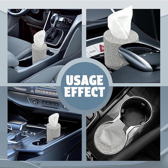 Bling Car Tissue Holder for Cup Holder – Sparkly Rhinestone Round Tissue Dispenser with 1 Pack Tissues – Fits Standard Auto Cup Holders – Stylish Car Interior Accessory for Women