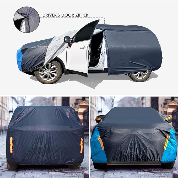 Car Cover Waterproof All Weather for Automobiles, 6 Layers Outdoor Full Exterior Cover Rain Sun UV Snowproof Protection with Zipper Cotton, Mirror Pocket for SUV (185-190 inch)