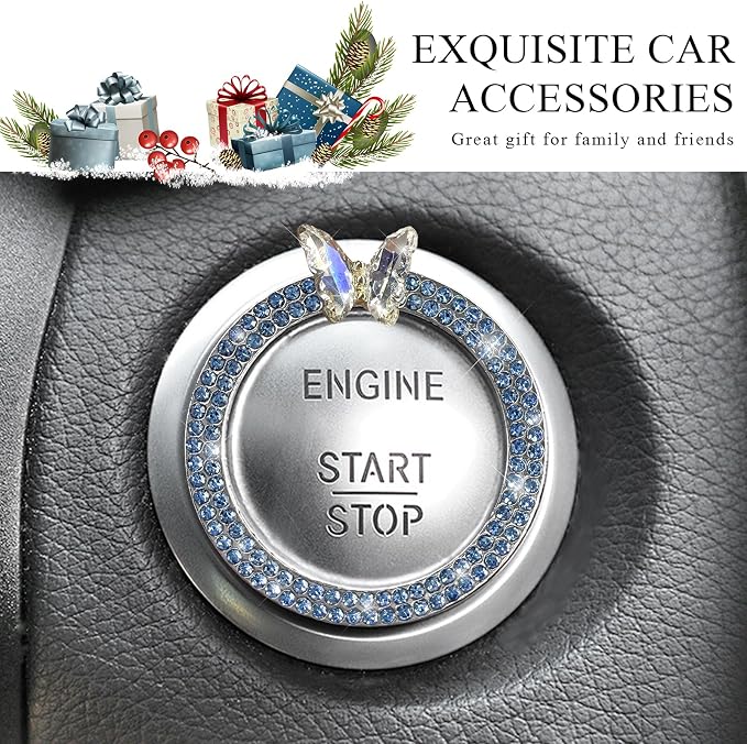 DXNQ 2PCS Bling Ring Emblem, Sparkling Butterfly Car Buttons and Knobs Ring, Girly Butterfly Diamond Car Engine Start Button Cover, Key Ignition Knob Rings Decoration for Women (Blue, Double Row)