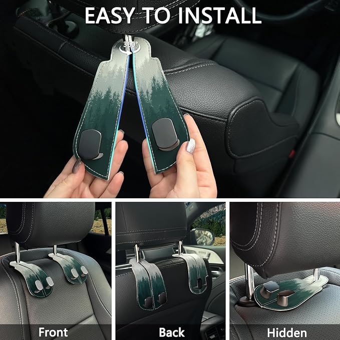 Blusabaca 2PCS Car Seat Back Storage Headrest Hooks, Forest Trees Purse Holder Bags Hanger, PU Leather Double Metal Hook for Backseat Organizer, Women Car Accessories Organization