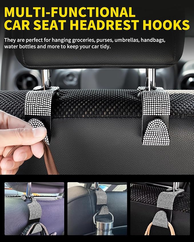 4 Pack Blink Diamond Car Seat Headrest Hooks Crystal Rhinestone Car Purse Holder Universal Interior Accessories for Handbags, Water Bottles, Coats, Umbrellas, White