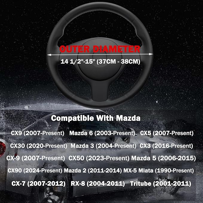 Leather Steering Wheel Cover for Mazda CX5/CX-5 CX50/CX-50 CX3/CX-3 CX30/CX-30 CX9/CX-9 Mazda 3 5 6 MX-5 Miata CX-7 RX-8 GS GT Sport Car Accessories, 2026 Black 14.5-15 inch