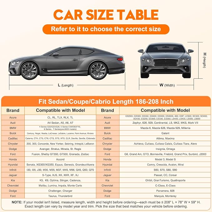 All-Weather Waterproof Heavy-Duty Car Cover – Universal Fit for Sedans 186-208" Long (BMW 5, Accord, ES350, S90, A6, Lacrosse, CT5) with UV & Tear Protection.