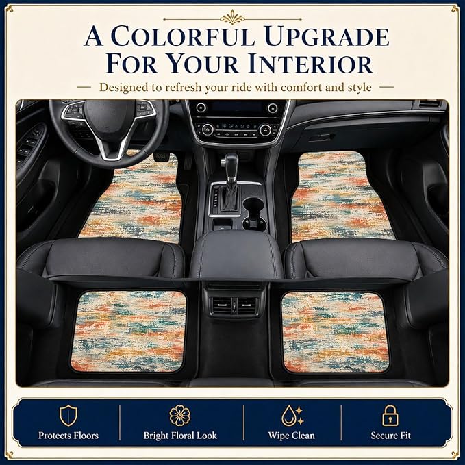 Color Abstract Car Floor Mats Set of 4 Distressed Boho Texture Car Accessories Foot Mats Rugs, Non-Slip,Decor for Universal Fit for Suvs Sedans Trucks Cars Auto Floor Carpets Rugs All-Weather