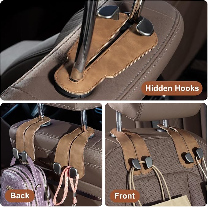 CoBak Purse Hook for Car - Universal Premium Stitched Leather and Aluminum-Magnesium Alloy Double Car Seat Back Storage Hook for Purses, Handbags, Bags (4 Pack),Brown