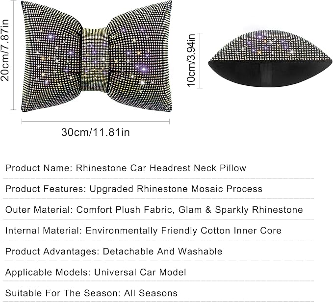 surpassme 2PCS Rhinestone Car Headrest Neck Pillow for Driving with Bling Bling Crystal Bow Pillow Car Accessories for Women (Color)