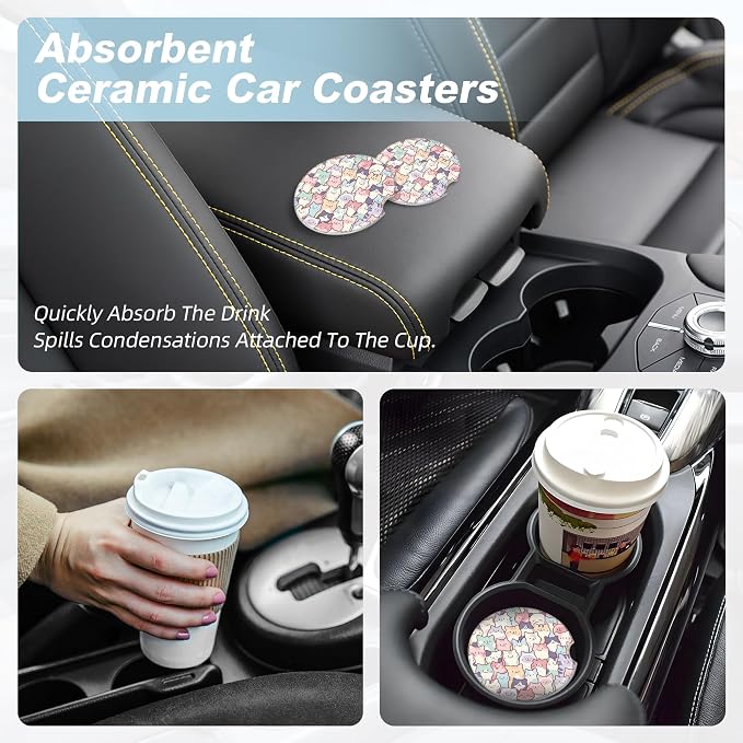 Cute Colorful Cats Car Coasters for Cup Holders,2 Pack Car Cup Holder Coasters for Car,Ceramic Absorbent Car Coaster with A Finger Notch and Cork Base,Car Interior Accessories for Women Men