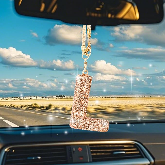 Bling Car Accessories for Women Letter Charm, Rainbow Crystal Rearview Mirror Pendant, Cute Diamond Rhinestone Car Decor, Lucky Gift for Women(L, Champagne Gold)