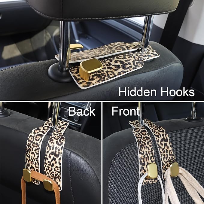 Car Seat Hooks for Headrest, Purse Hook & Back Storage Hook, Zinc Alloy & Leather Material Heavy Duty Car Hooks for Purses and Bags,Universal Fit for Most Vehicles (Leopard-2 Pack)