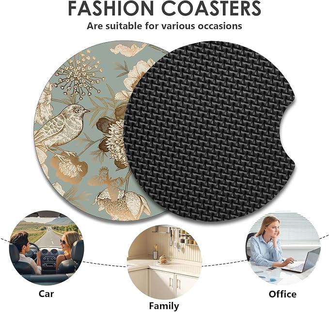 2 Pack Car Coasters,2.75-inch Neoprene Non-Slip Cup Holder Coasters for Car,Cute Car Interior Accessories for Men and Women,Golden Flower