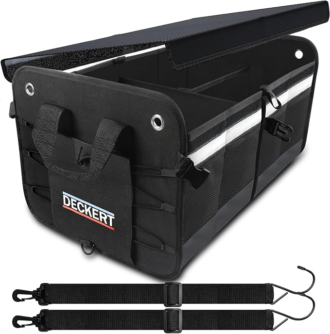 Deckert Large Size 61L Car SUV Trunk Organizer, 600D Oxford Polyester, Collapsible, Multi compartments, Securing straps, Suitable for any car type, Black with Reflective Stripes