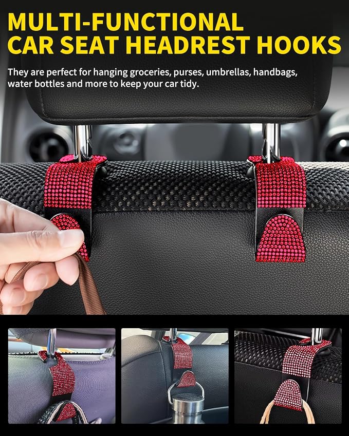 4 Pack Blink Diamond Car Seat Headrest Hooks Crystal Rhinestone Car Purse Holder Universal Interior Accessories for Handbags, Water Bottles, Coats, Umbrellas, Red