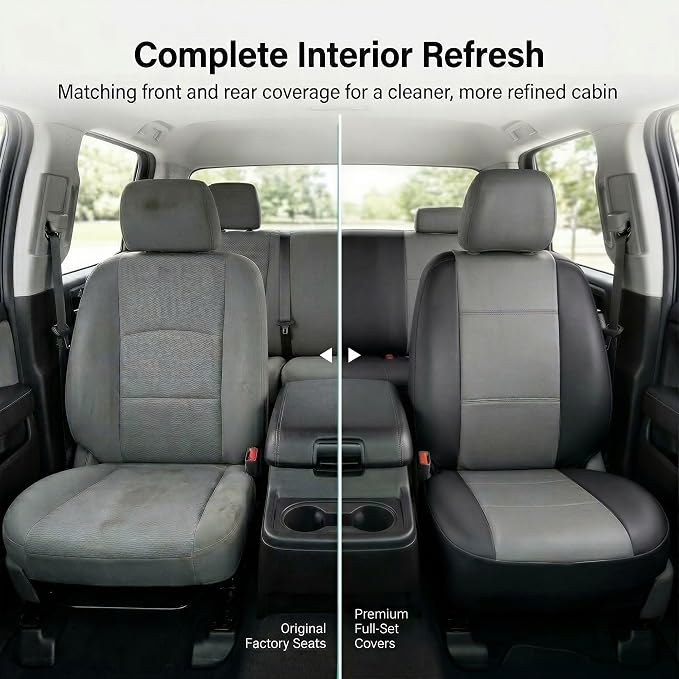 FH Group Car Seat Covers PU Leather Full Set Automotive Seat Covers Front Set and Rear Solid Bench Gray Black Seat Covers with Gift Universal Fit Interior Accessories for Cars Trucks and SUVs