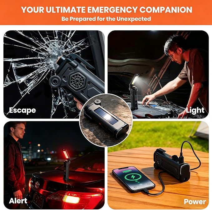 8-in-1 Car Emergency Escape Tool with Spring-Loaded Window Breaker | Seat Belt Cutter, Magnetic Work Light, Emergency Flashlight & Power Bank for Roadside Emergencies, Camping & Daily Driving