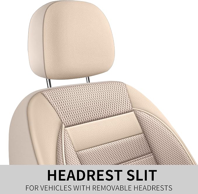 HChengkikz Car Seat Covers, Leather, 3D Foam Back Support (Beige) | Air Mesh, Airbag Compatible, Universal Fit for Most Cars, Vans, Trucks, SUVs