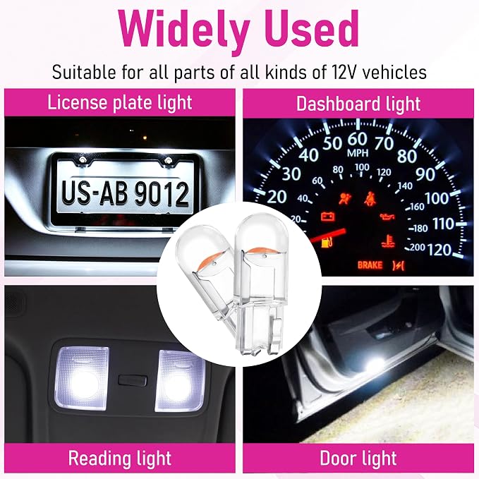 ecocstm 30 PCS Car 194 LED Bulbs, 168 2825 W5W T10 Wedge COB LED Replacement Bulb, Error Free Interior Bulb for Dashboard Light, Dome Lights (Pink Purple)