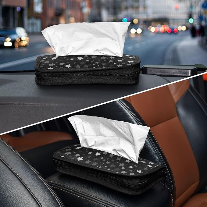 Car Tissue Holder Car Napkin Holder Car Tissue Box Dispenser Storage Case Sun Visor Mask Holder with Adjustable Straps Reusable Refillable Cute Silver and Gray Stars
