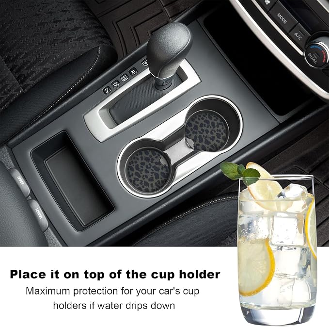 2PCS Car Cup Holder Coasters, Leopard Print Absorbent Rubber Insert Coaster with Finger Notch, Anti-Slip Drink Cup Mat Cute Vehicle Interior Accessories for Women Men (B13)