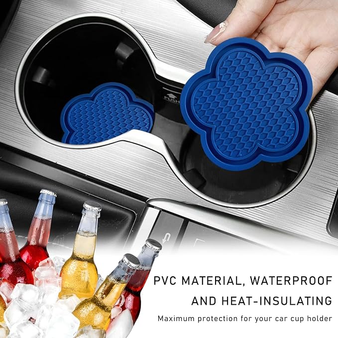 DXNQ 4 PCS Car Cup Coasters, Cute Flower Shaped Car Cup Holder Mat, PVC Waterproof Anti Slip Vehicle Cup Holder Insert Coaster, Universal Car Interior Decor Accessories (Blue)