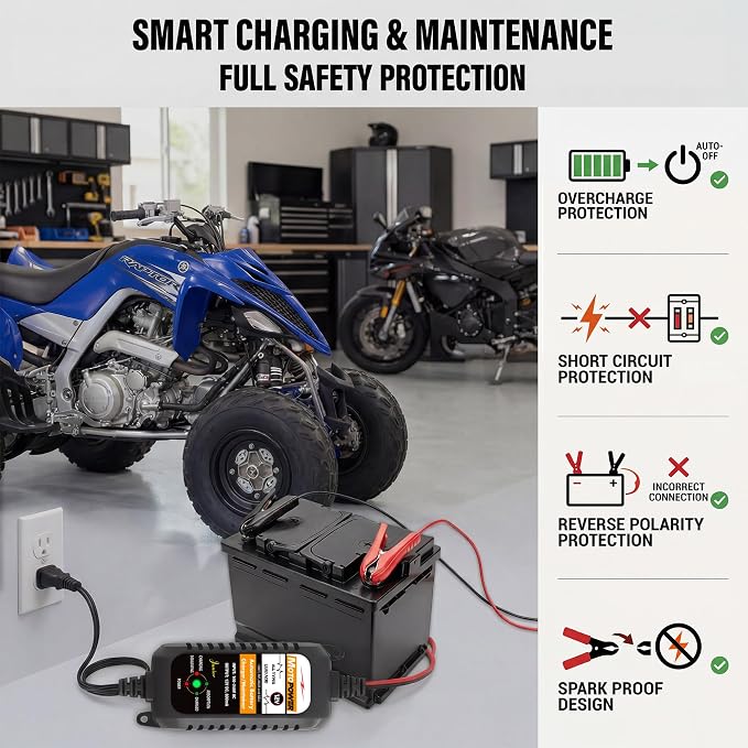 MOTOPOWER MP00205A 12V 800mA Automatic Battery Charger, Maintainer, Trickle and Desulfator