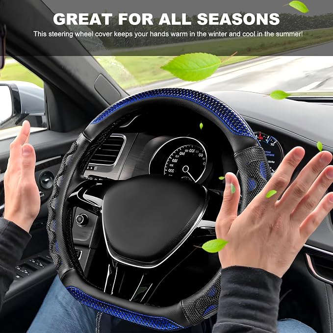 Car Steering Wheel Cover, Anti-Slip Breathable Steering Wheel Protector with 3D Honeycomb Design, Sporty Elastic Protective Cover for 14.5-15 Inch Flat Bottom Steering Wheels (Blue)