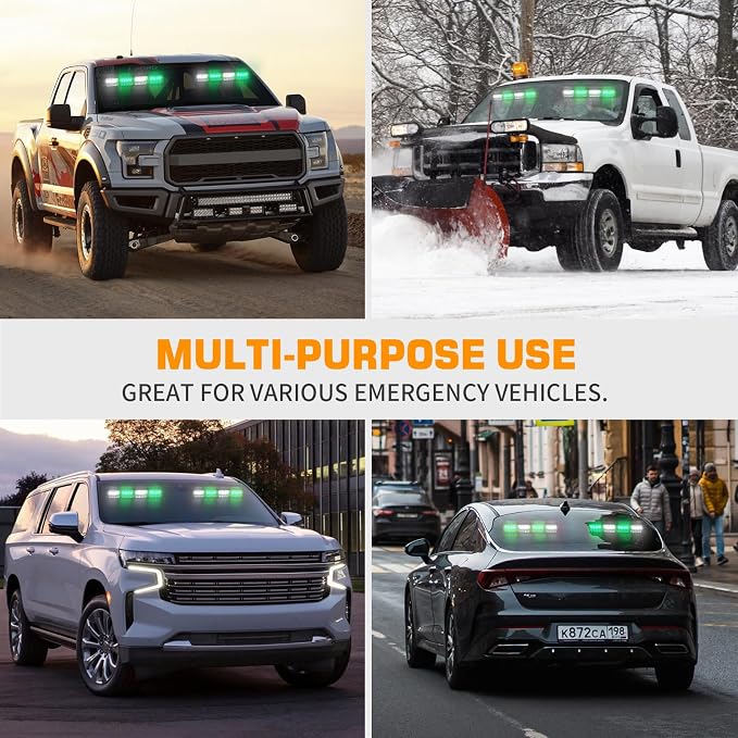 XRIDONSEN 2x 14 inch Green White Emergency Dash Lights 32 LED Strobe Lights | Interior Safety Flashing Warning Hazard Caution Front/Rear Windshield Light Bar w/ Controller for Vehicles Trucks Car