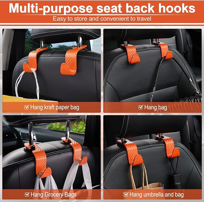 LivTee Car Purse Hook, 4 Pack Universal Auto Seat Headrest Hook Hangers Organizer for Coats, Umbrellas, Groceries - Carbon Fiber Orange