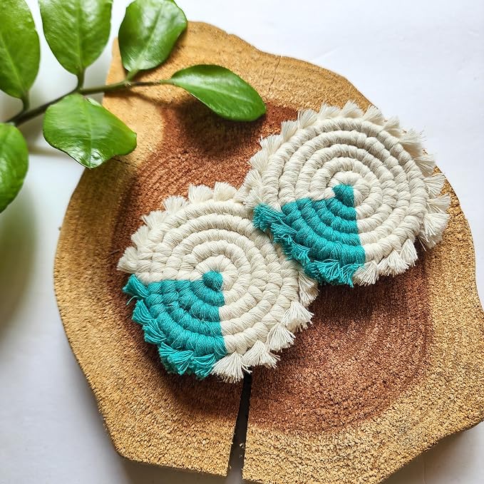 Cotton Car Coasters for Cup Holders, 2PC Car Cup Coasters, Drink Coaster Holder, Cute cupholder Coaster Accessories for Women, Macrame, Boho (Ocean Breeze)