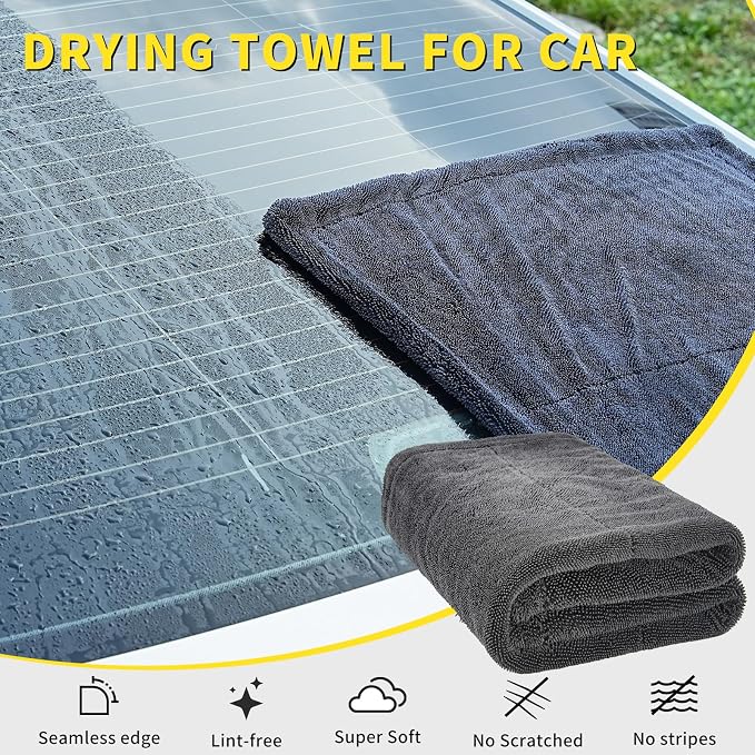 Wasal Car Drying Towel, 24" x 36" XL | 1300 GSM Microfiber, Edgeless Twisted Loop Design, 70/30 Blend, Super-Fast Drying, Streak Free