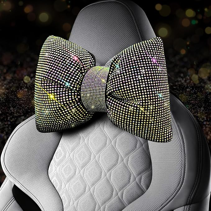 4 PCS Bling Car Pillows,Rhinestones Bowknot Car Headrest Pillow,Car Neck Pillow for Driver Relax Necksupport,Sleeping Travel Support Neck Pillow,Shiny Diamond Interior Accessories for Women,colorful