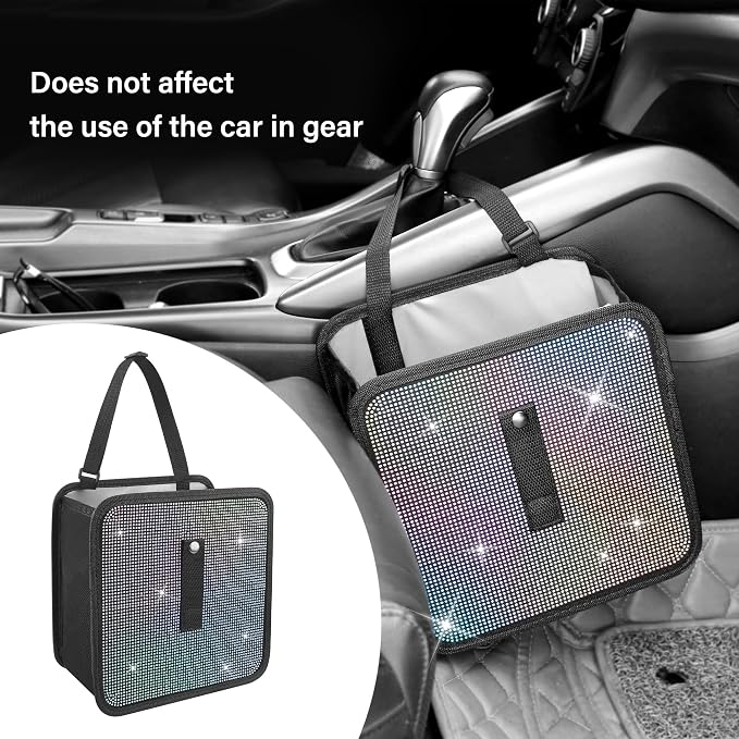 Foldable Trash Can with Rhinestone, Bling Car Bin Organizer & Decoration, Universal Garbage Can for Most Cars, SUVs, Trucks (Colorful)