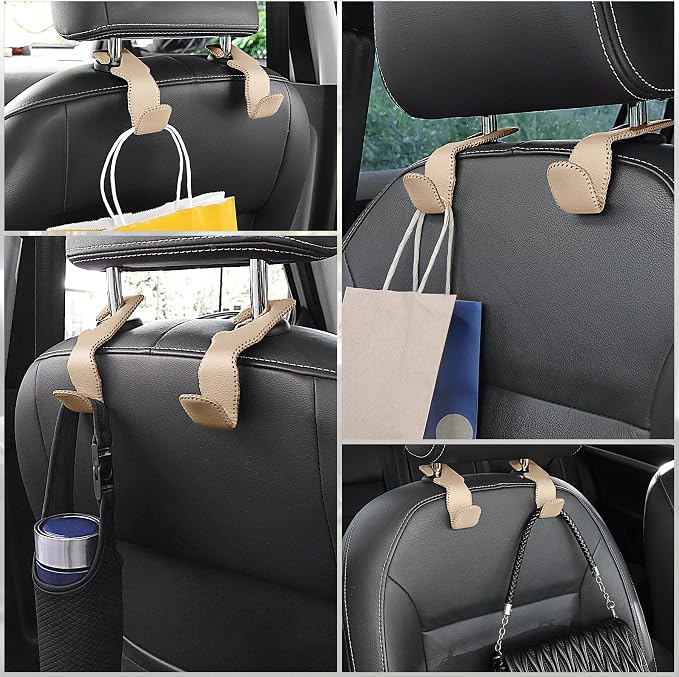LivTee Beige Superior Leather Car Seat Back Headrest Hook, Auto Seat Hook Hangers Interior Accessories for Purse Coats Umbrellas Grocery Bags Handbag, 2-Pack